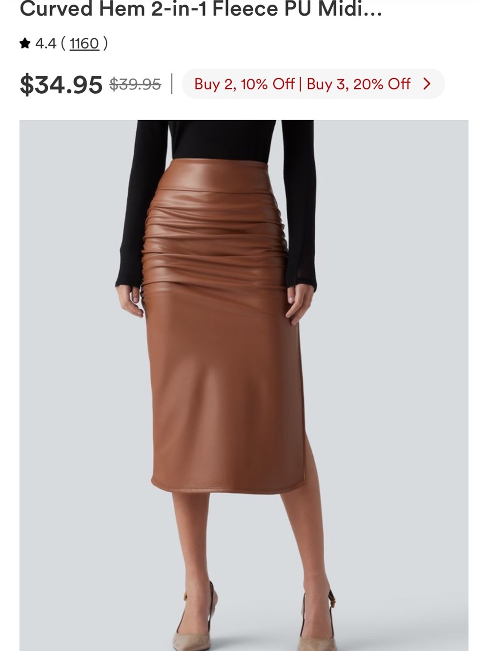 HALARA Brown PU Faux Leather Ruched Pencil Midi Skirt